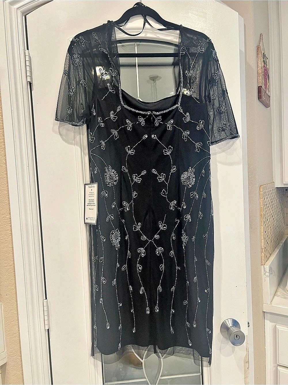 Papell Studio Beaded Short Dress Floral Midi Black & Silver Size 14